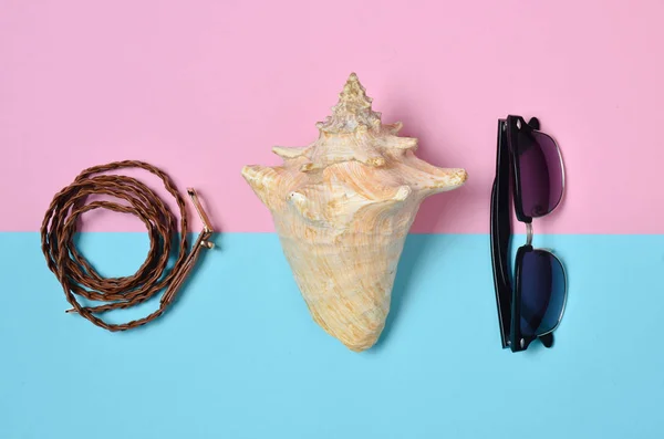 A shell, belt, sunglasses on a pink pastel blue background. Trend of minimalism. The concept of travel and recreation in warm places. Top view. Flat lay.