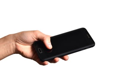 Beyaz arka plan üzerinde izole el smartphone. Uzaktan bir akıllı telefon ile.