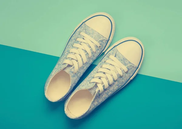 Fashionable Women Sneakers White Laces 80S Blue Pastel Background Top — Stock Photo, Image