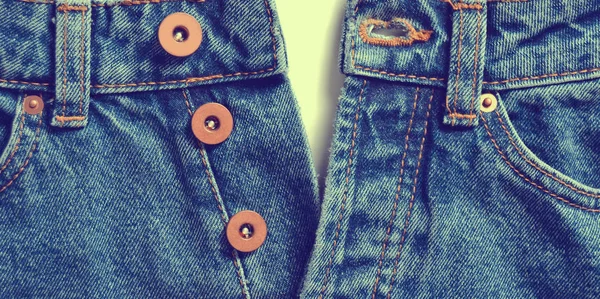 Calça Jeans Azul Desabotoada Com Botões Metal Fundo Branco Espaço — Fotografia de Stock