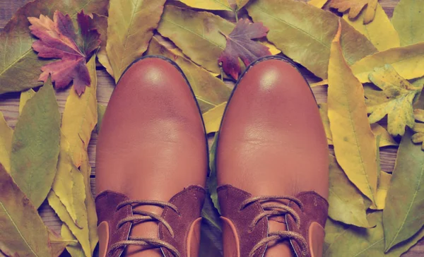 Women Boots Made Brown Leather Background Yellow Fallen Leaves — Stock Photo, Image