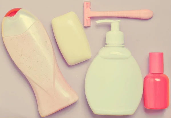 Productos Para Cuidado Del Cuerpo Cabello Higiene Personal Sobre Fondo — Foto de Stock