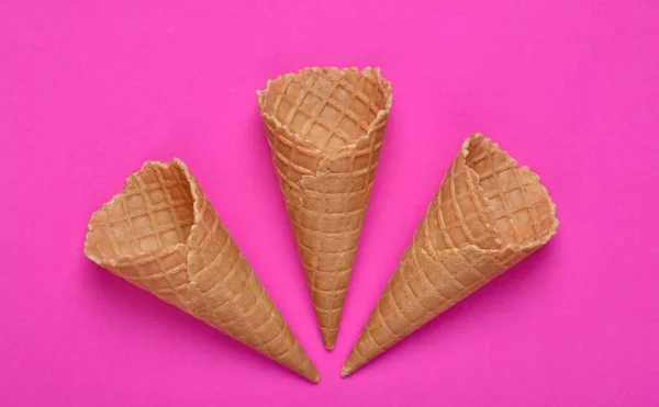 Empty Waffle Horns Pink Background Top View Creative Background Minimalist — Stock Photo, Image