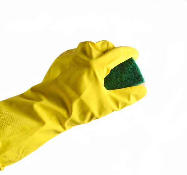 Man Hand Yellow Latex Glove Holds Abrasive Sponge White Background — Stock Photo, Image