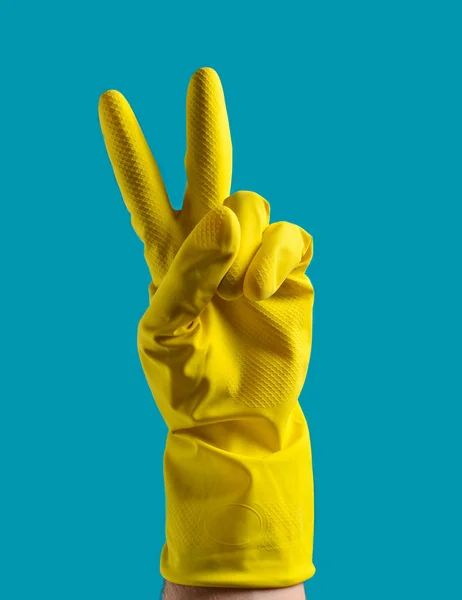 Ile Barış Işareti Mavi Bir Arka Plan Üzerinde Yapma Sarı — Stok fotoğraf