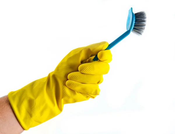 Borstel Voor Reiniging Hand Met Gele Latexhandschoenen Geïsoleerd Een Witte — Stockfoto