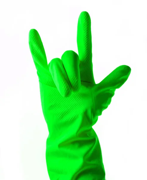 Рука Зеленых Резиновых Перчатках Показывает Рог Два Пальца Вверх Белой — стоковое фото