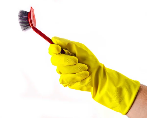 Borstel Voor Reiniging Hand Met Gele Latexhandschoenen Geïsoleerd Een Witte — Stockfoto