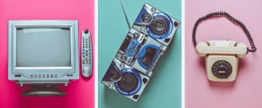 Pastel arka plan üzerinde döner retro telefon, tv, ses kaydedici. Üstten görünüm.