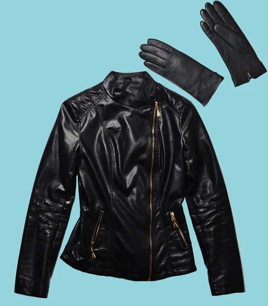 Leather Woman Jacket Gloves Isolated Blue Background Minimalism Fashionable Clothes — Stock Photo, Image