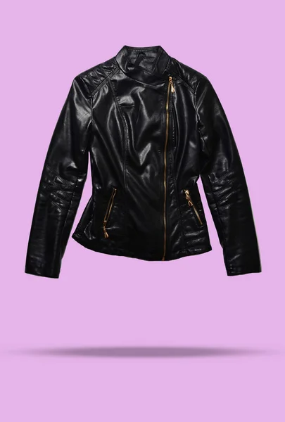 Photo Fashionable Leather Jacket Isolated Pink Background Minimalism Levitation — Stock Photo, Image