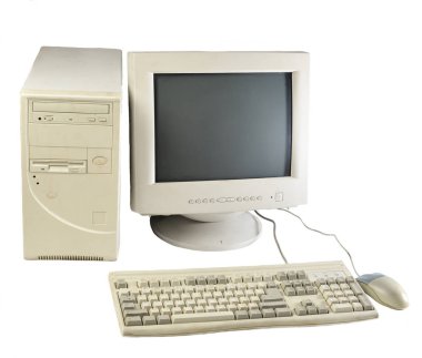 Beyaz arka plan üzerinde izole retro sabit bilgisayar. Monitör, sistem birimi, bilgisayar fare. Eski Technologie