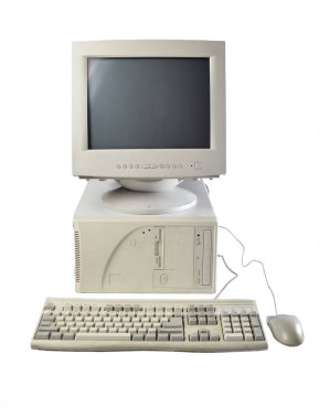 Beyaz arka plan üzerinde izole retro sabit bilgisayar. Monitör, sistem birimi, bilgisayar fare. Eski Technologie