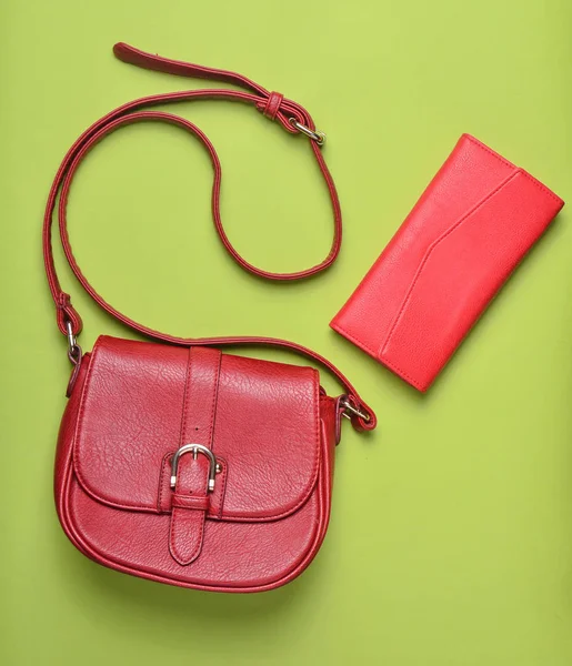 Women Leather Red Bag Purse Green Pastel Background Women Accessories — Stock Photo, Image