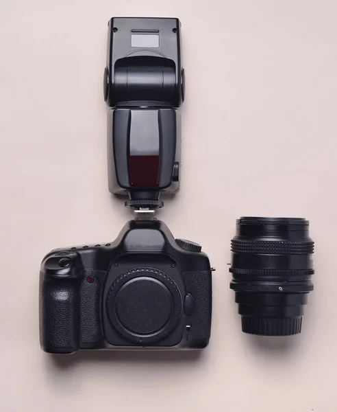 Equipment Photographer Digital Camera Flash Lens Top View Flat — Stock Photo, Image