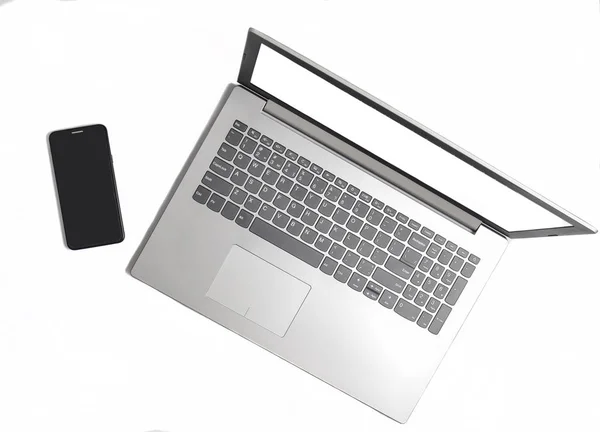 Laptop Frameless Telefoon Een Witte Achtergrond Moderne Technologische Snufjes Witte — Stockfoto