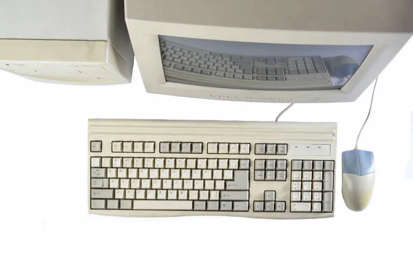Ρετρό Σταθμευμένο Υπολογιστή Που Απομονώνονται Λευκό Φόντο Οθόνης Μονάδα Συστήματος — Φωτογραφία Αρχείου