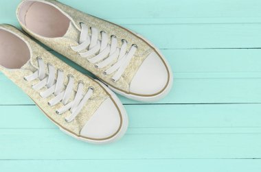 Kadın hipster spor ayakkabı pastel pembe ahşap zemin üzerinde beyaz dantel ile top vie