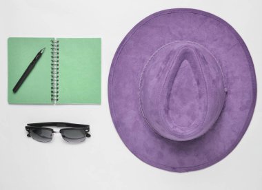 Aksesuarlar gazeteci. Bej keçe şapka, defter kalem ile beyaz bir arka plan üzerinde güneş gözlüğü. Üstten görünüm, düz la