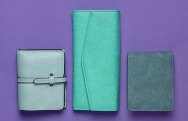 Bayan deri cüzdan pastel yeşil bir arka plan, Bayan aksesuarlar, üstten görünüm, minimalis çeşitli