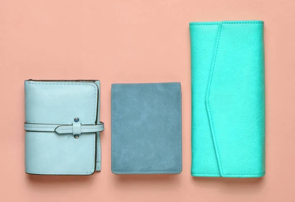 Eine Vielzahl Von Damenhandtaschen Aus Leder Auf Blauem Pastellgrund Damenaccessoires — Stockfoto