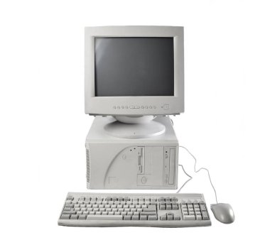 Beyaz arka plan üzerinde izole retro sabit bilgisayar. Monitör, sistem birimi, bilgisayar fare. Eski Technologie