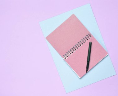 Renkli Kağıt arka plan üzerinde kalem ile not etmek. Kız gibi günlük. Üstten görünüm