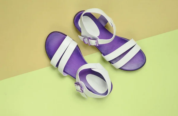 Sandalias Cuero Moda Para Mujer Sobre Fondo Pastel Colores Zapatos — Foto de Stock