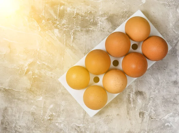 Plastic tray with chicken eggs on a gray concrete background. Top Vie