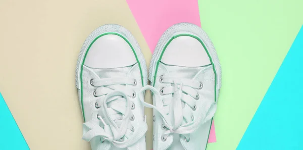 Old Retro Sneakers White Laces Colored Pastel Background Minimalism Top — Stock Photo, Image