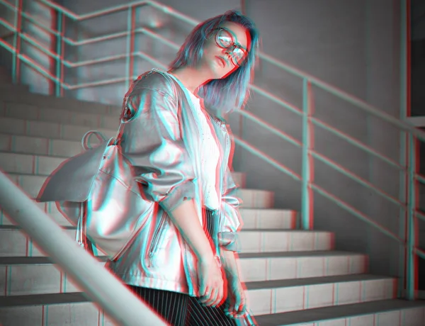 Portrait Hipster Girl Glitch Effect — Stock Photo, Image