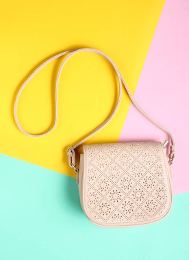 Pastel renkli bir arka plan üzerinde şık deri çanta. Minimalizm, top vie