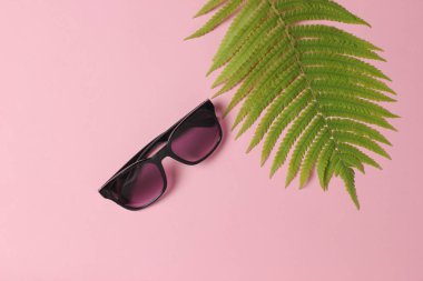 Fern yaprak, pastel arka plan üzerinde güneş gözlüğü pembe. Seyahat, turizm, beach resort kavramı. Yaz. Top Vie