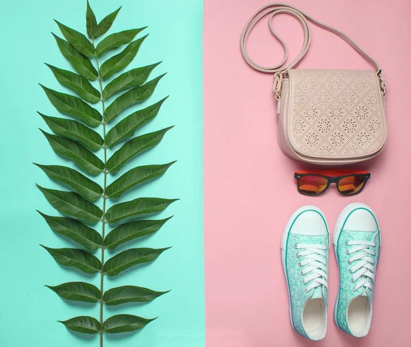 Fern Leaf Sneakers Solglasögon Väska Pastell Bakgrund Kvinnors Tillbehör Botaniska — Stockfoto