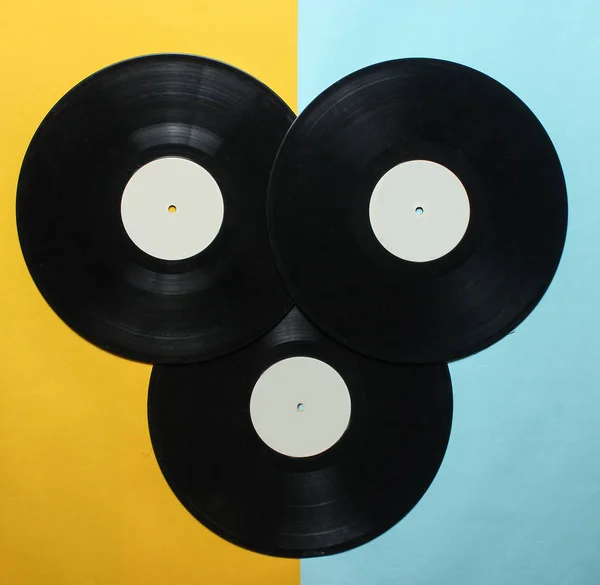 Tři Retro Vinylových Desek Barevném Pozadí Pastelové Horní Vie — Stock fotografie