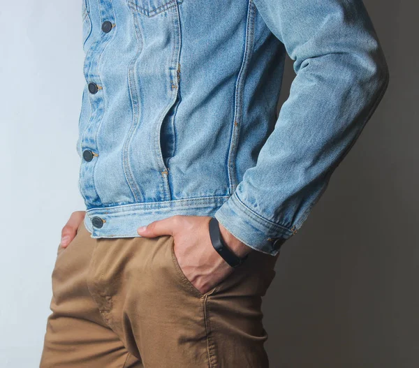 Fragment Man Dressed Denim Jacket Beige Trousers — Stock Photo, Image