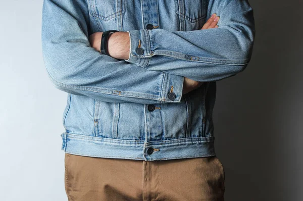 Fragment Man Dressed Denim Jacket Beige Trousers — Stock Photo, Image