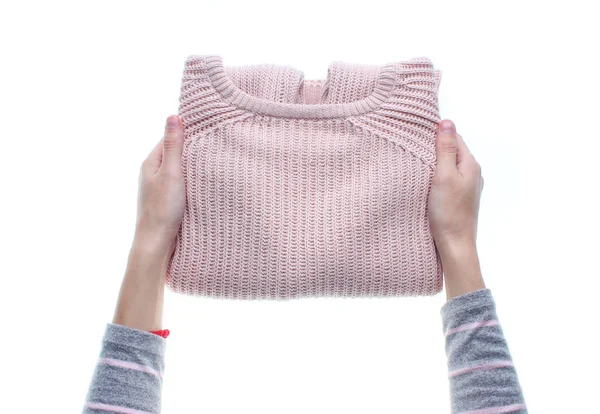 Suéter Plegable Manos Aislado Sobre Fondo Blanco Vista Superior — Foto de Stock