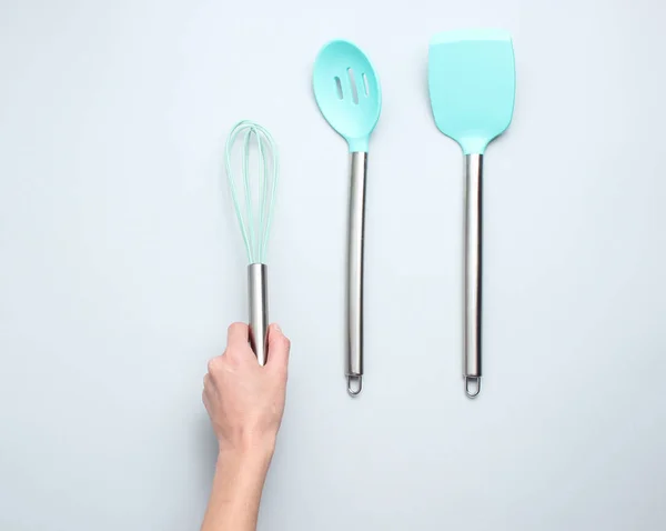 Hand Vasthouden Siliconen Garde Voor Het Koken Met Metalen Handvat — Stockfoto