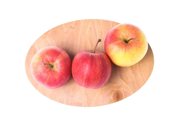 Tres Manzanas Maduras Sobre Una Tabla Madera Aislada Sobre Fondo — Foto de Stock