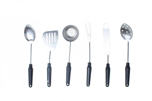 Ensemble Outils Cuisson Métal Rétro Isolés Sur Fond Blanc Spatule — Photo