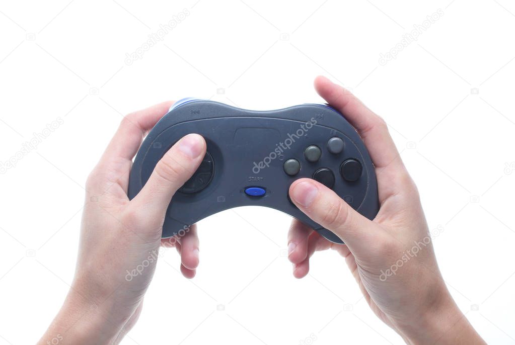 Hands holding gamepad isolated on white background
