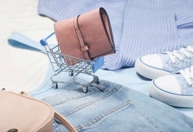 Şeyler ve aksesuarları arka planda bir mini alışveriş arabası deri cüzdan. Alışveriş kavramı, tüketmek
