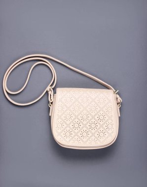 Gri bir arka plan üzerinde Deri moda çantası. üst görünüm. Minimalizm