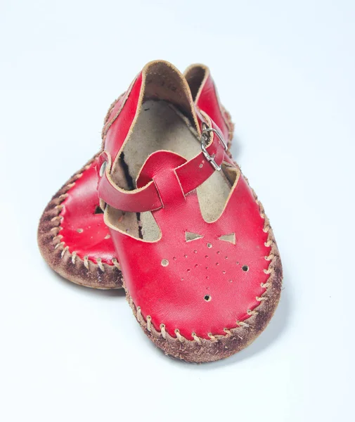 Red Leather Baby Sandals White Background — Stock Photo, Image