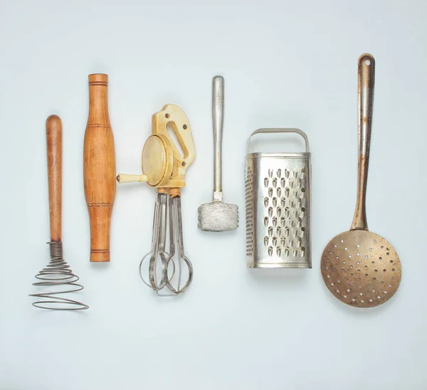 Old kitchen tool on white background. Retro kitchen, vintage cooking tool set. Top view