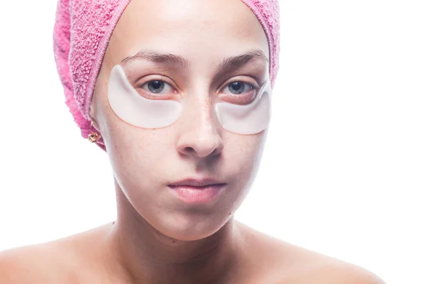 Attractive Young Woman White Patches Eyes Pink Towel Her Head — Stock Photo, Image