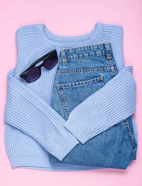 Flat Lay Style Hipster Vêtements Mode Sur Fond Rose Pull — Photo