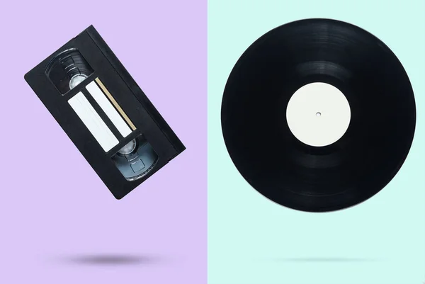 Videocassetta Stile Retrò Vinile Sfondo Pastello Minimalismo Foto Con Ombra — Foto Stock