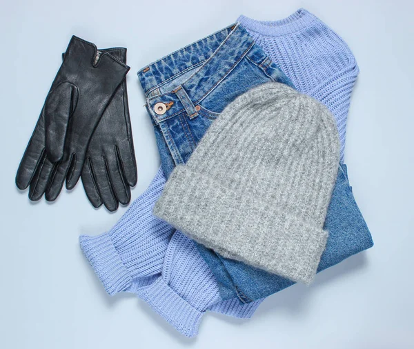 Women Clothing Accessories Winter Woolen Hat Sweater Leather Gloves Jeans — ストック写真